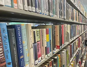 A picture of a shelve of books at the library.